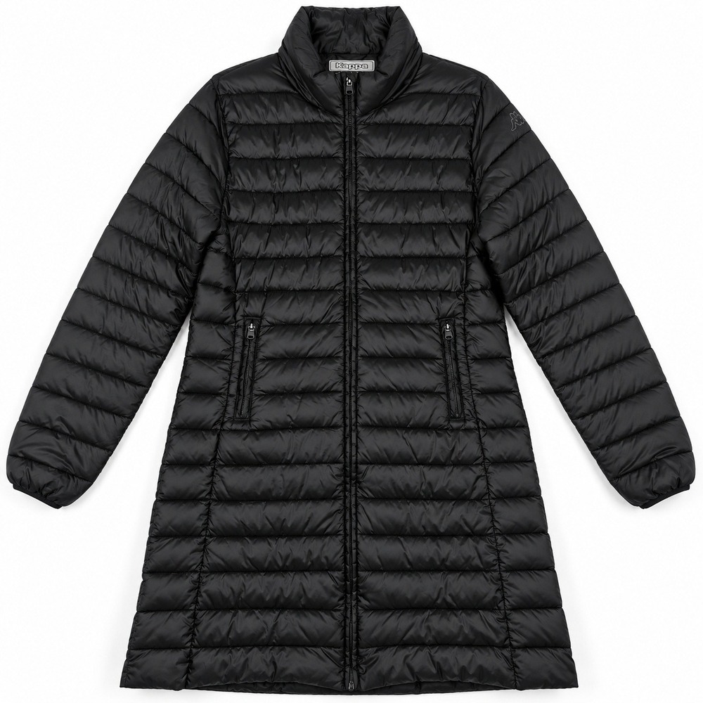 Kappa Puffer Jacket Womens Large Black Long Quilted Full Zip Lightweight Coat